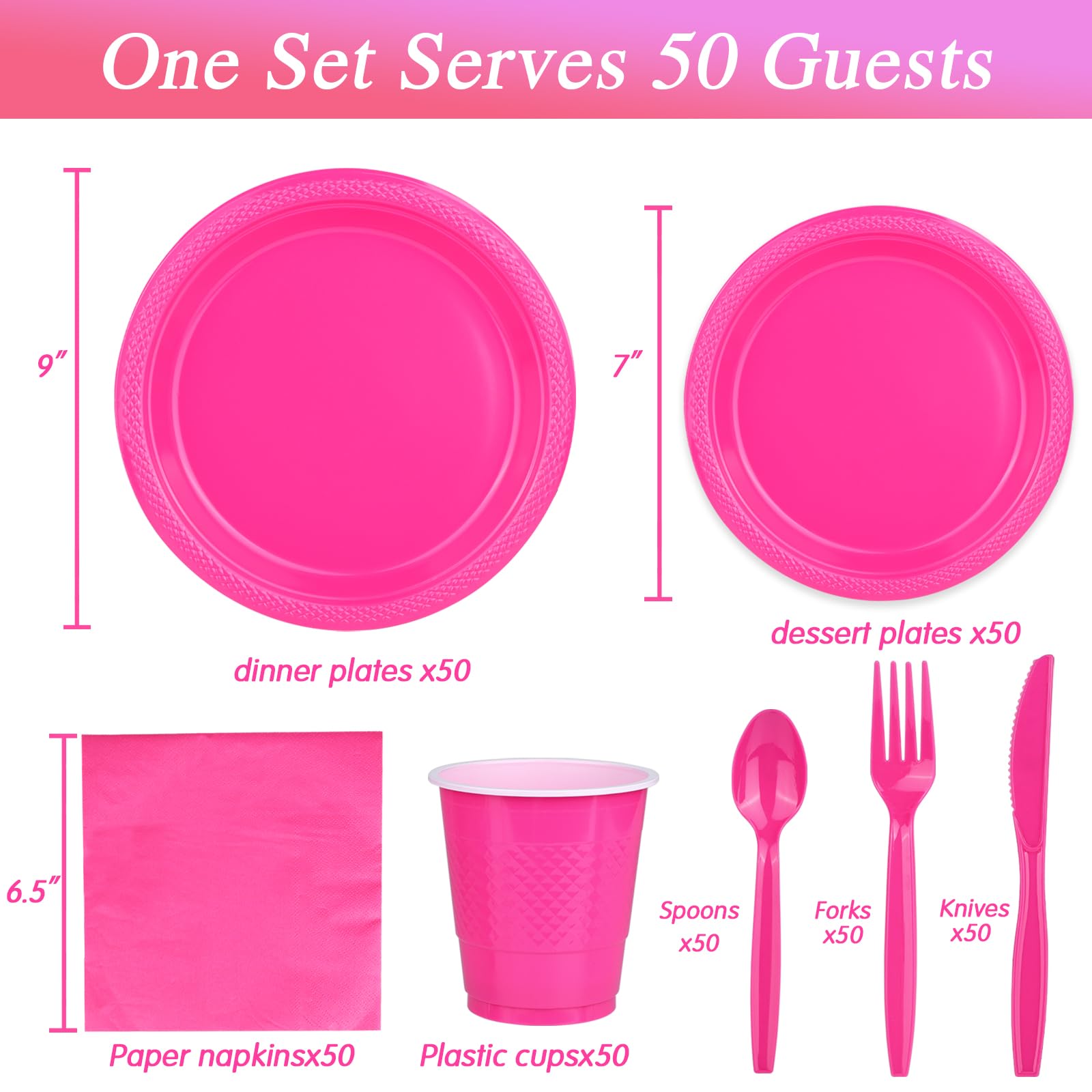 TWOWYHI 350PCS Hot Pink Plastic Plates Party Supplies for 50Guests Pink Party 9"Pink Plastic Plates and 7"Hot Pink Plates with 50PCS Plastic 12oz Cups Forks Spoons Knives Napkins for Birthday Party