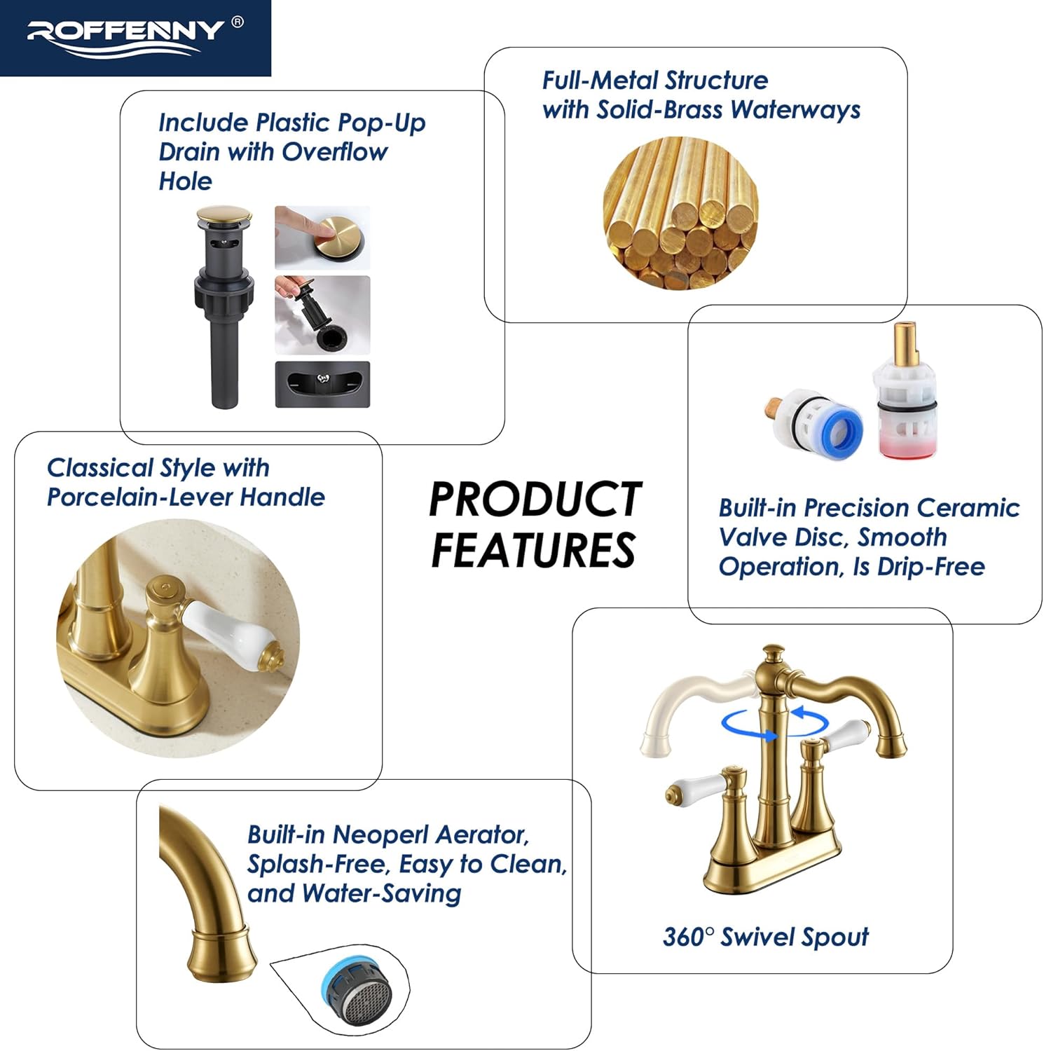 Porcelain 2-Handle Brushed Gold Bathroom Faucet 4 inch Centerset with Plastic Pop-up Drain, Classical Gold Bathroom Vanity Sink Faucets for 3 Holes, High Arc 360° Swivel Brass Spout