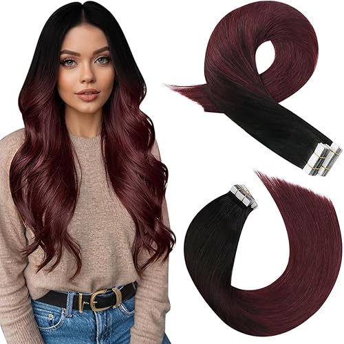Moresoo Tape in Burgundy Hair Extensions Ombre Human Hair Extensions Balayage Off Black to Black with Wine Red Extensions Human Hair Tape in Extensions Human Hair 14inch #1B/99J 20pcs 50g