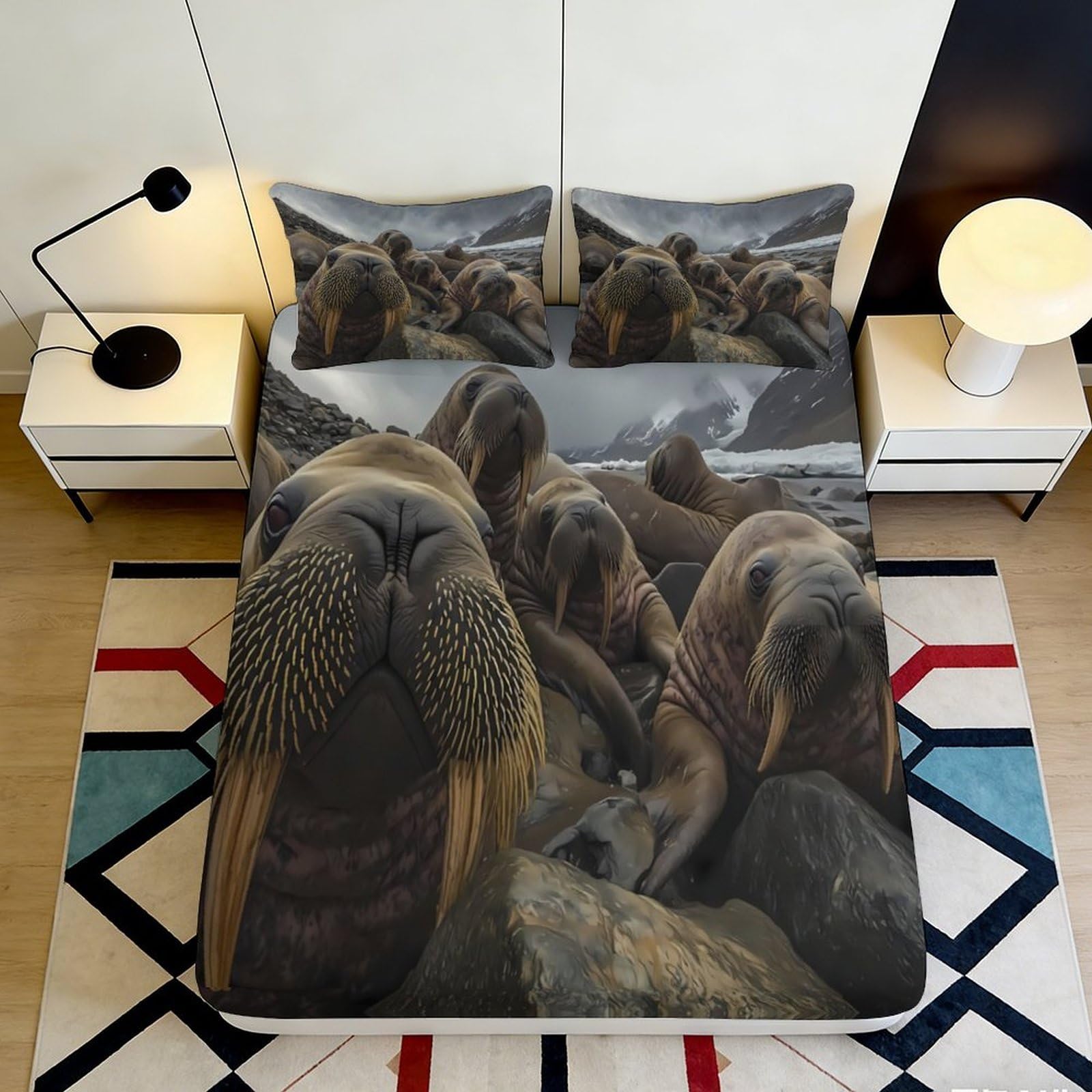3D Printed Walrus Colony Fitted Sheet Microfiber Soft Breathable Ocean Wildlife Bed Cover for Bedroom Guest Room Decor 90x200x25cm