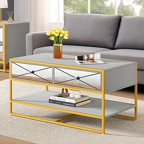 DWVO Mesa auxiliar para sala de estar, mesa de centro de almacenamiento con espejo, mesa de centro con almacenamiento, mesa de centro para sala de