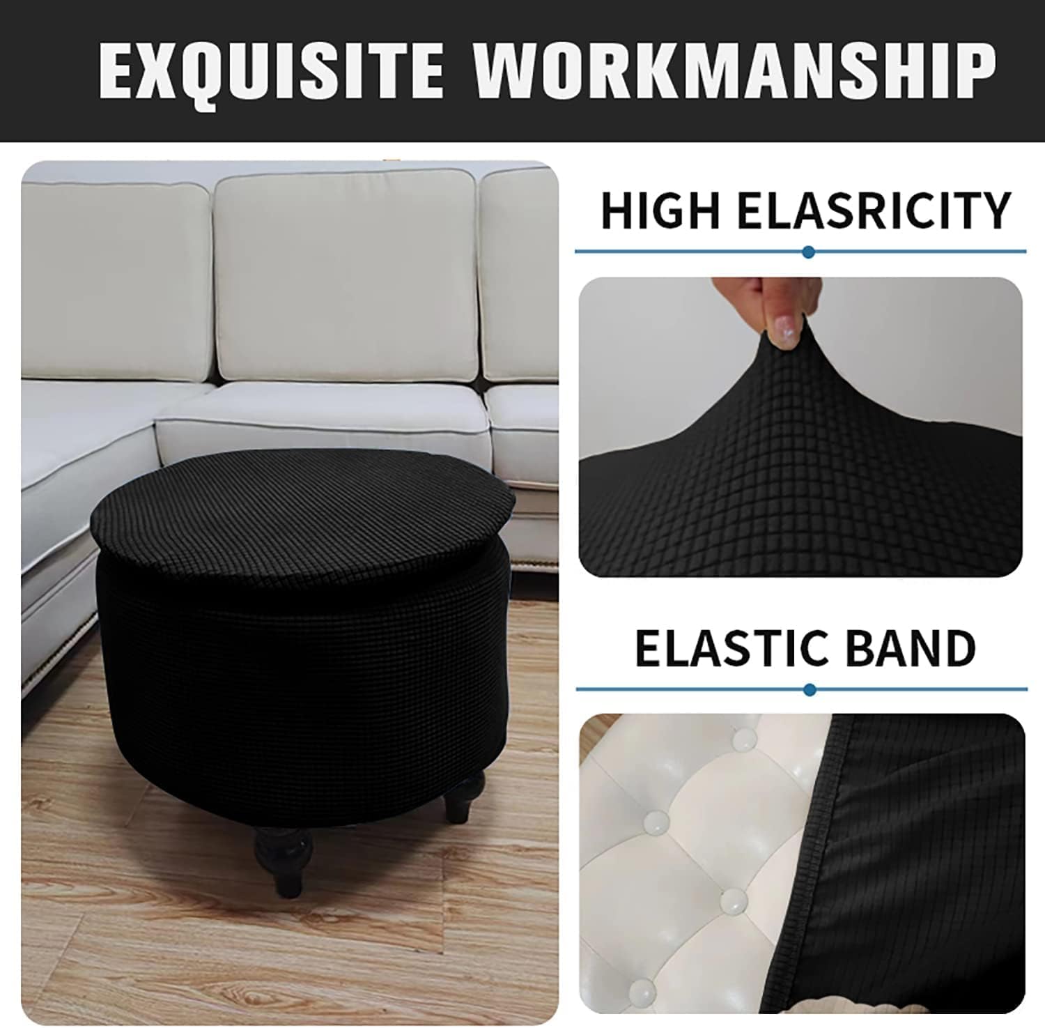 Wcxixo Round Storage Ottoman Cover with Lid, Stretch Jacquard Fabric, Red, Modern, 17.5-23in, 1pcs