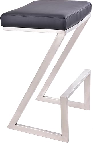 Armen Living Atlantis Taburete de bar de 26 pulgadas de altura de mostrador en piel sintética negra y acabado de acero inoxidable cepillado