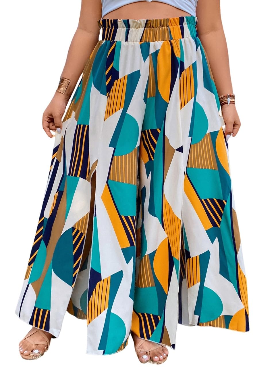 WDIRARA Womens Plus Size Printed Drawstring Waist Split Side Wide Leg Pants