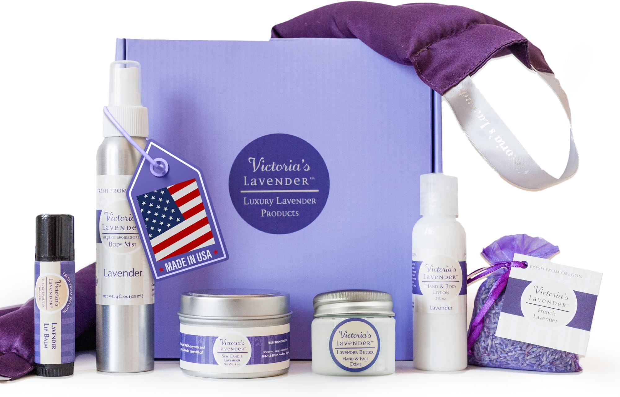 Victoria's Lavender Luxury Spa Gift Sets for Women - Neck Wrap, Body Mist, Body Lotion, Lip Balm, Soy Candle, Lavender Face Cream & Sachet, Made in USA Self Care Kit, Best Spa Kit for Women Gift Set