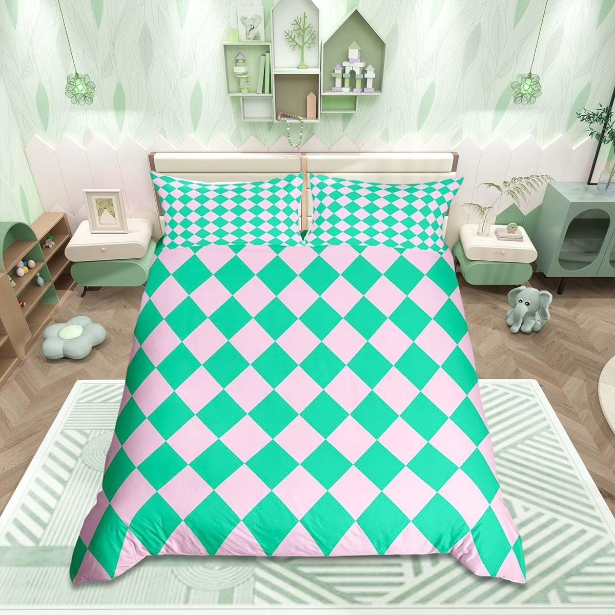 Homemissing Diamond Plaid Duvet Cover Single Size Buffalo Check Comforter Cover for Boys Girls Vintage Green Pink Bedding Set 2Pcs Room Decor — image 1