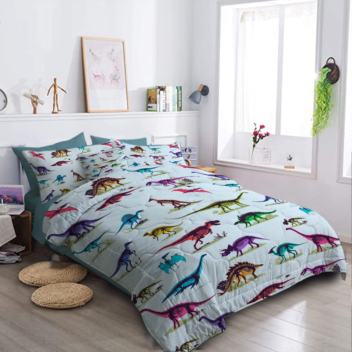 BlessLiving Dinosaur Bed In A Bag King Size - 8 Piece Comforter Set With Reversible Dino Print, Microfiber