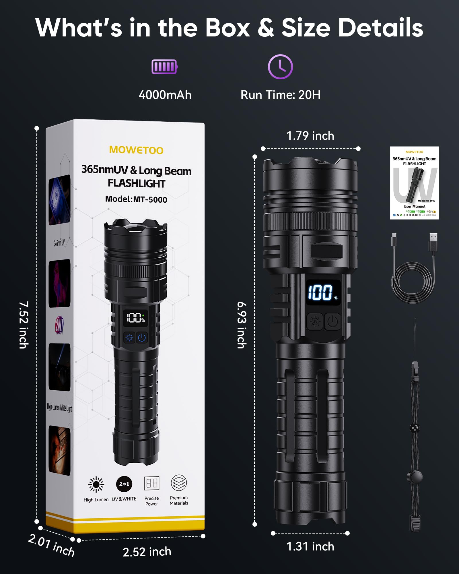MOWETOO Blacklight latarka 365 NM UV i białe światło 2N1, ładowana przez USB C, z wyświetlaczem LCD, możliwość powiększenia, czarne światło do wykrywania moczu zwierząt domowych, utwardzania żywicy