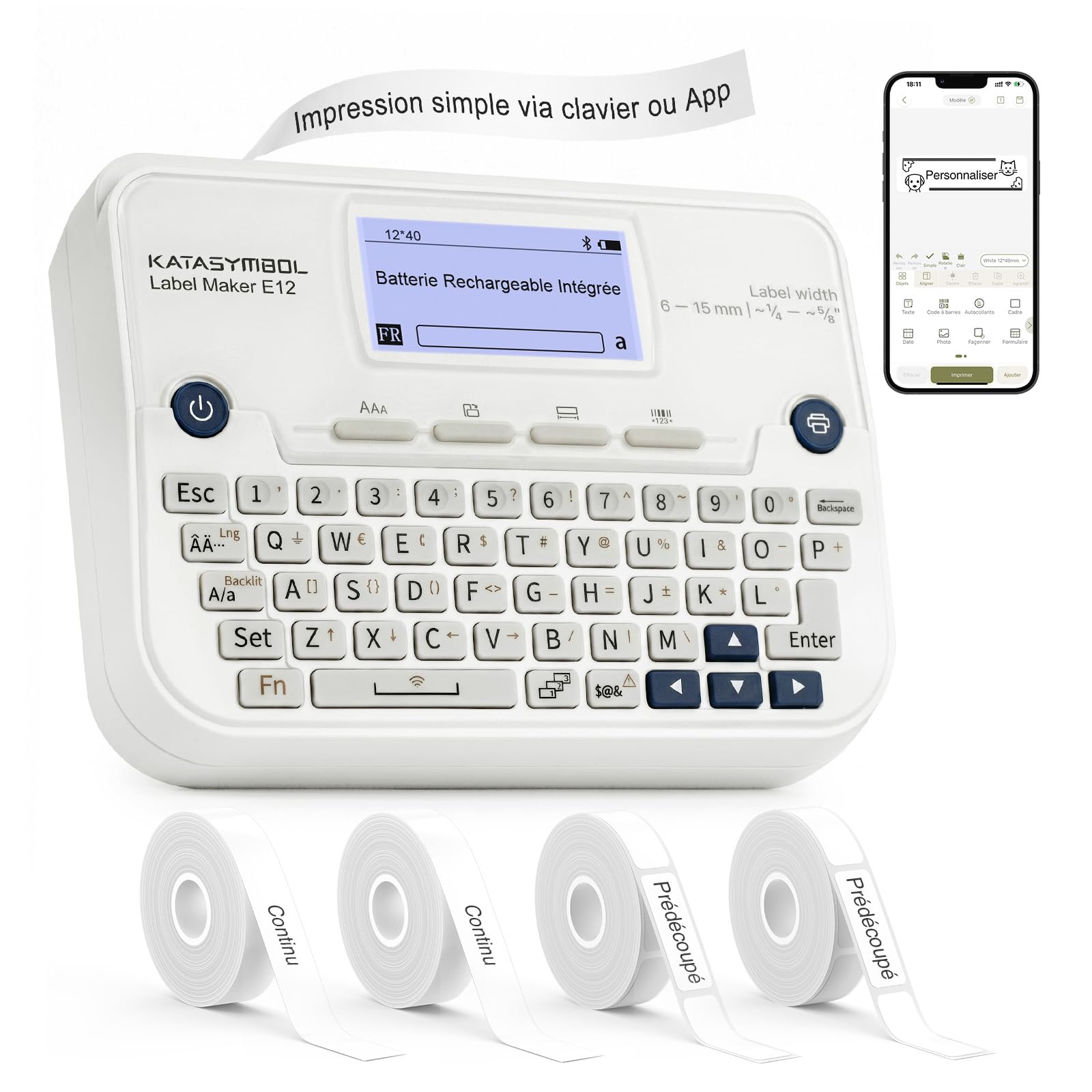 SUPVAN E12 Étiqueteuse livrée avec 4 Rubans,compatible avec Clavier et App, Écran Rétroéclairé, Marges Réduites, Recharge USB-C, sans Encre, idéal pour la Maison, la Cuisine, le Bureau, l'École, Blanc