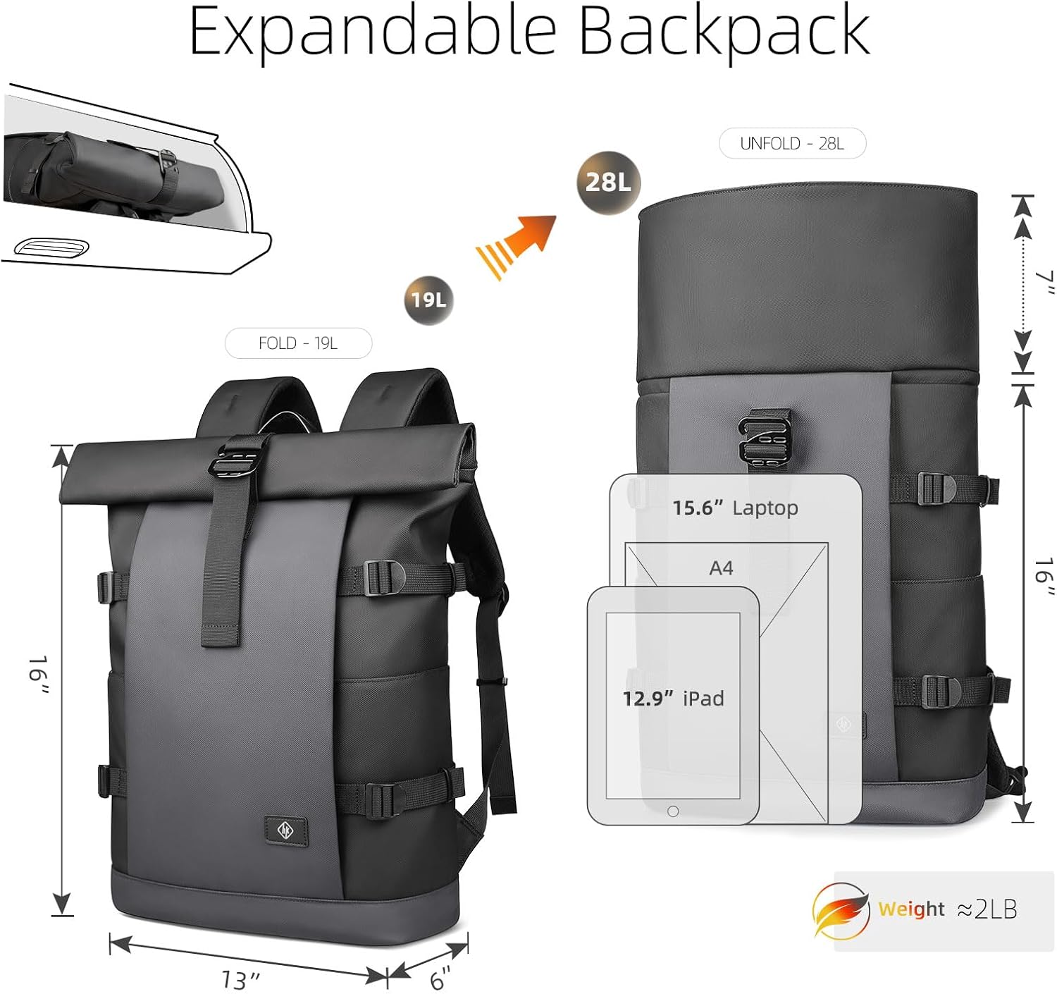 Rolltop Backpack, Expandable Travel Laptop Backpack for Men Women,15.6 Inch Casual Daypack with Computer Compartment,19-28L Water-Resistant Business Backpack Bag for Commute Work College-Grey - Image 4