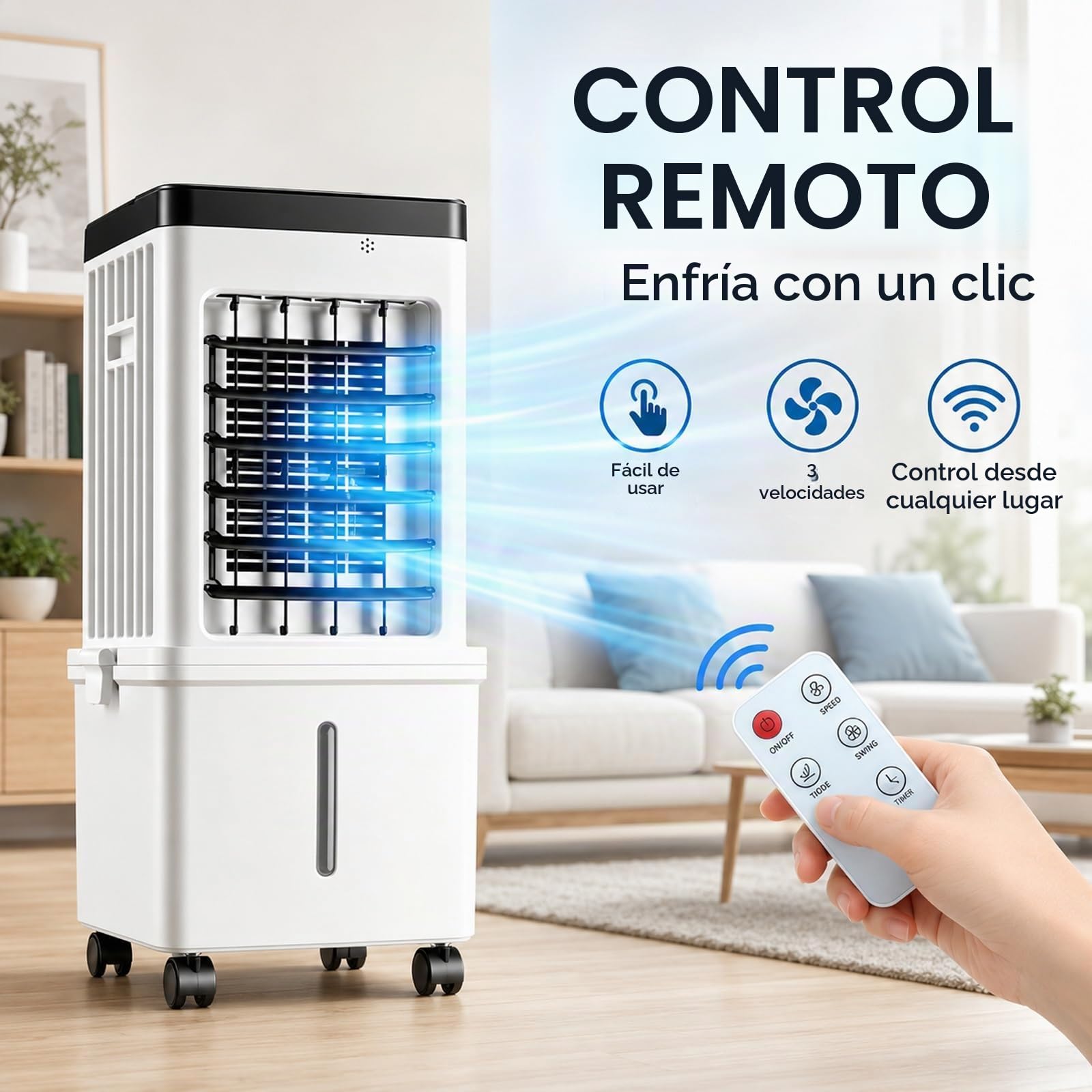 Aire Acondicionado Portátil/Enfriador Evaporativo, 3 Velocidades, Oscilación de 90°, Temporizador de 7,5 H, Control Remoto, para Oficina en Casa o Dormitorio