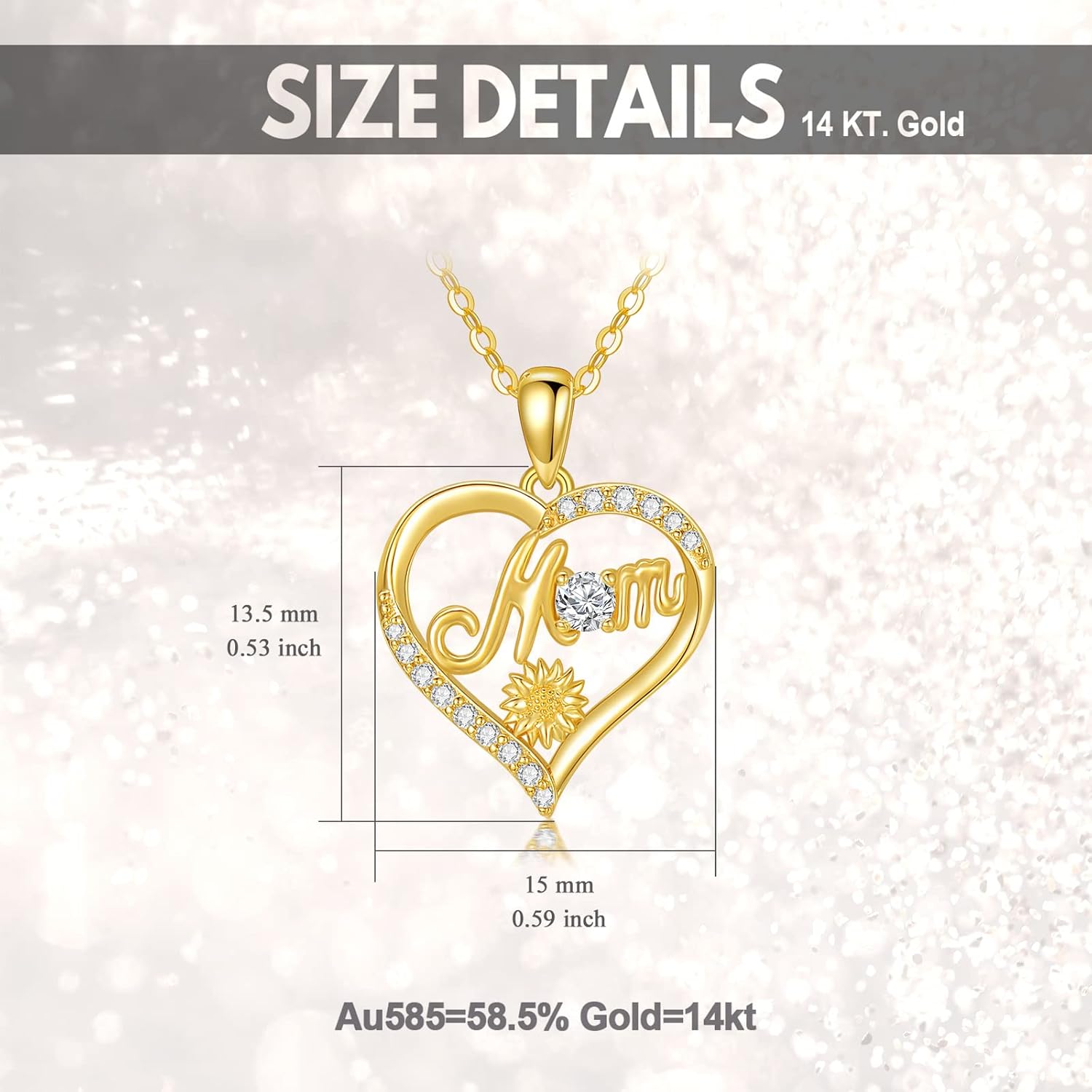 SISGEM 14K Real Gold Heart Mother Necklace for Women,Yellow Gold I Love You Mom Pendant Necklaces Birthday Jewelry for Mom Wife Grandmother 16''-18" - Image 6