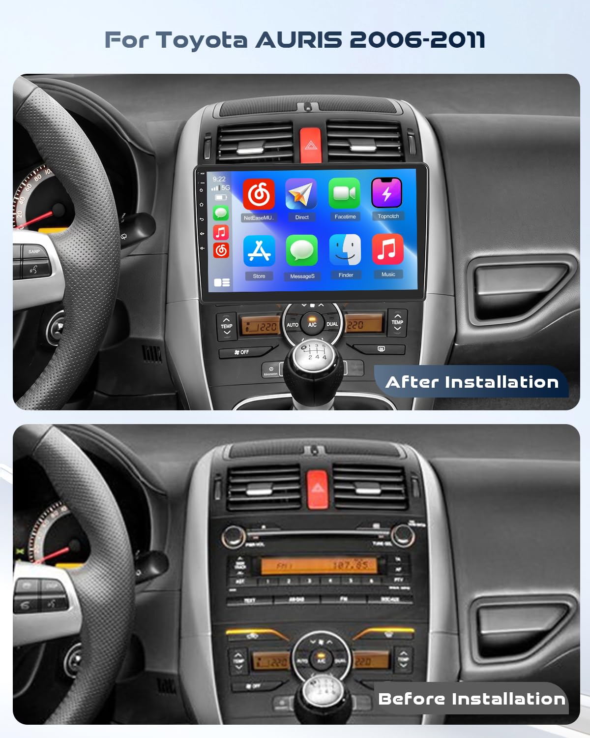 Roinvou Radio samochodowe do Hyundai i10 2007-2013 bezprzewodowy odtwarzacz CarPlay Android Auto MirrorLink, 9-calowy ekran dotykowy radia z Bluetooth EQ FM UI SWC Kamera cofania