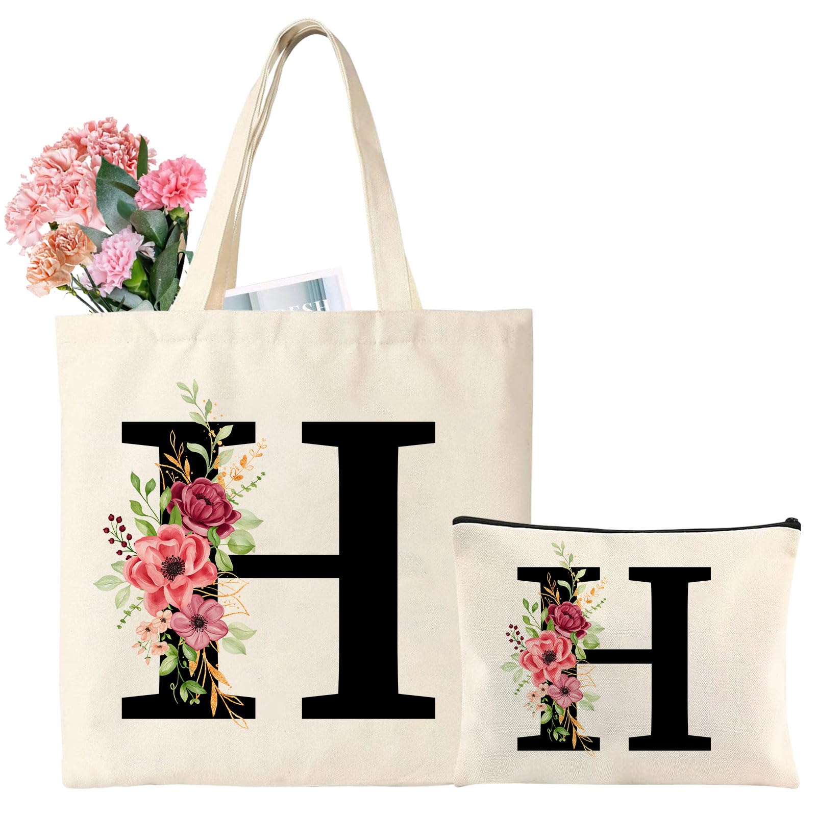 Sac Toile Jute Initiale Personnalisé Lettres Fleurs - Grand Cabas Course Plage Femme 35x30x14 Cm
