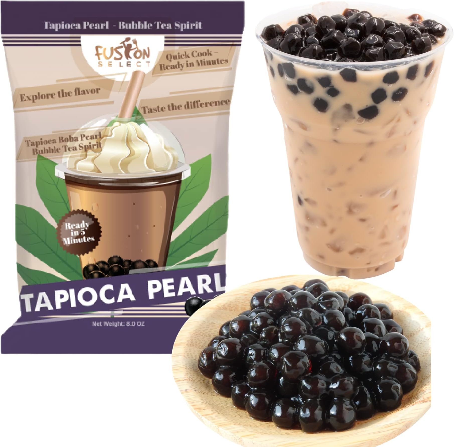 Fusion Select Tapioca Pearl - Brown Sugar Flavor Quick Cook Tapioca, DIY Boba for Boba Tea Ready in 5 Minutes, Boba pearls, Bubble Tea Pearl s, Milk Tea Toppings (8 Ounce)