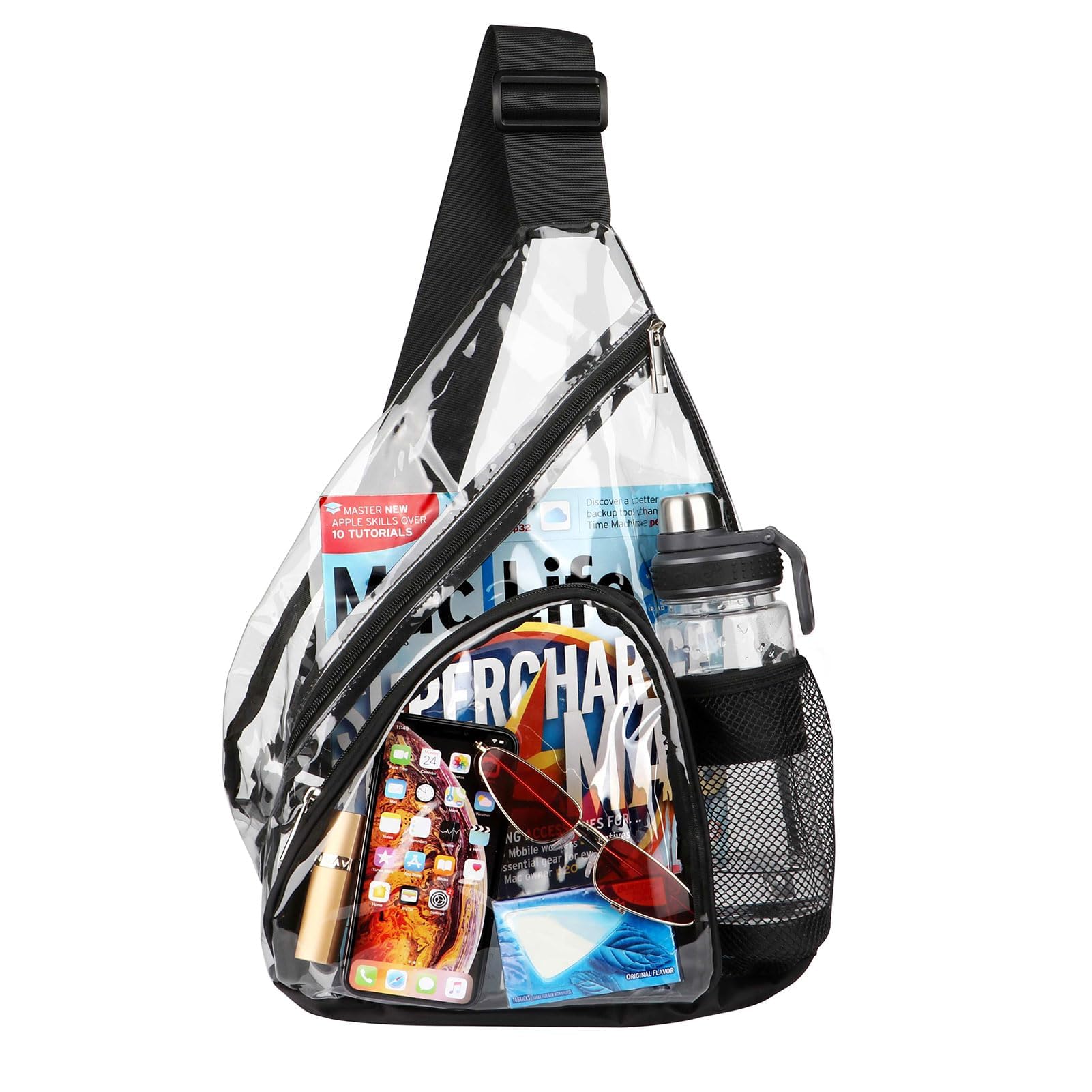 Clear PVC Sling Bag Stadium Approved, HULISEN Crossbody Backpack for Women & Men with Widened Adjustable Strap, Perfect for College, Travel, Stadium, Concerts and Sport (Black)