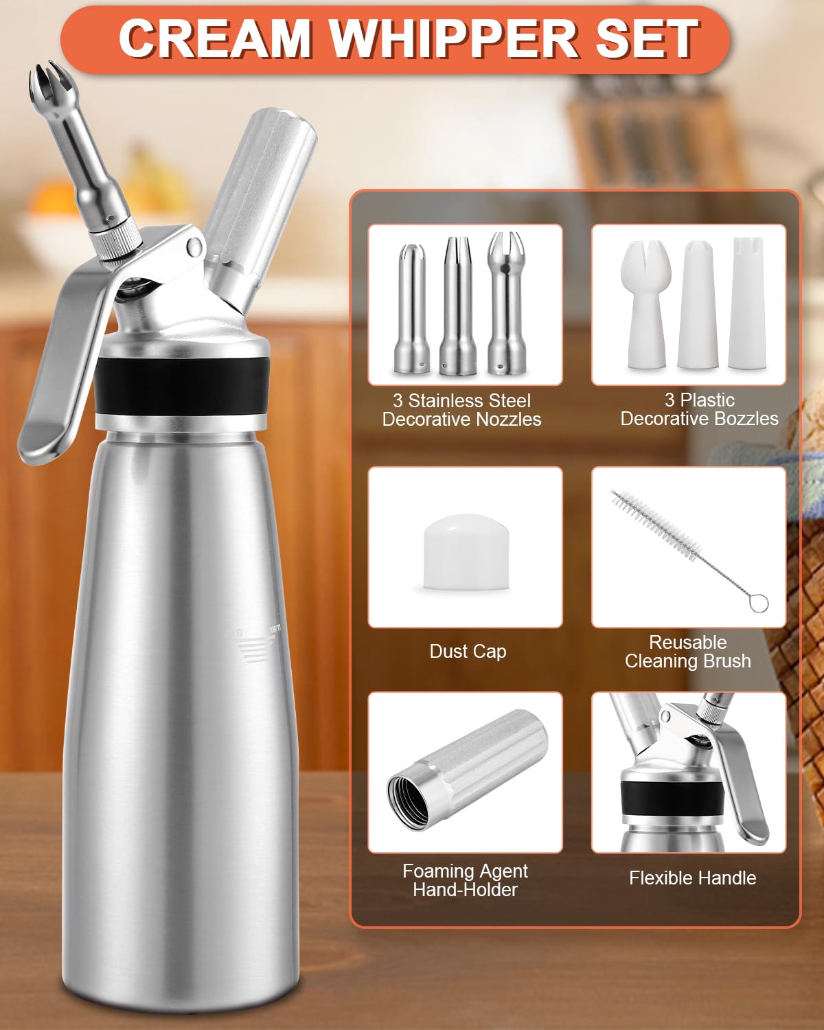 500ml Sahnespender, Sahnespender aus Aluminium, Sahnesyphon mit 3 Edelstahl Deko Düsen, 3 Kunststoffe Deko Düsen, 1 Kapselhalter, 1 Reinigungbürste und 1 Synopsis, für Schlagsahne, Creme, Mousse