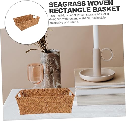 Miniatura 9 de Angoily Cesta de almacenamiento tejida a mano de hierba marina, organizador rectangular para escritorio, cesta portátil de hierba marina, asa