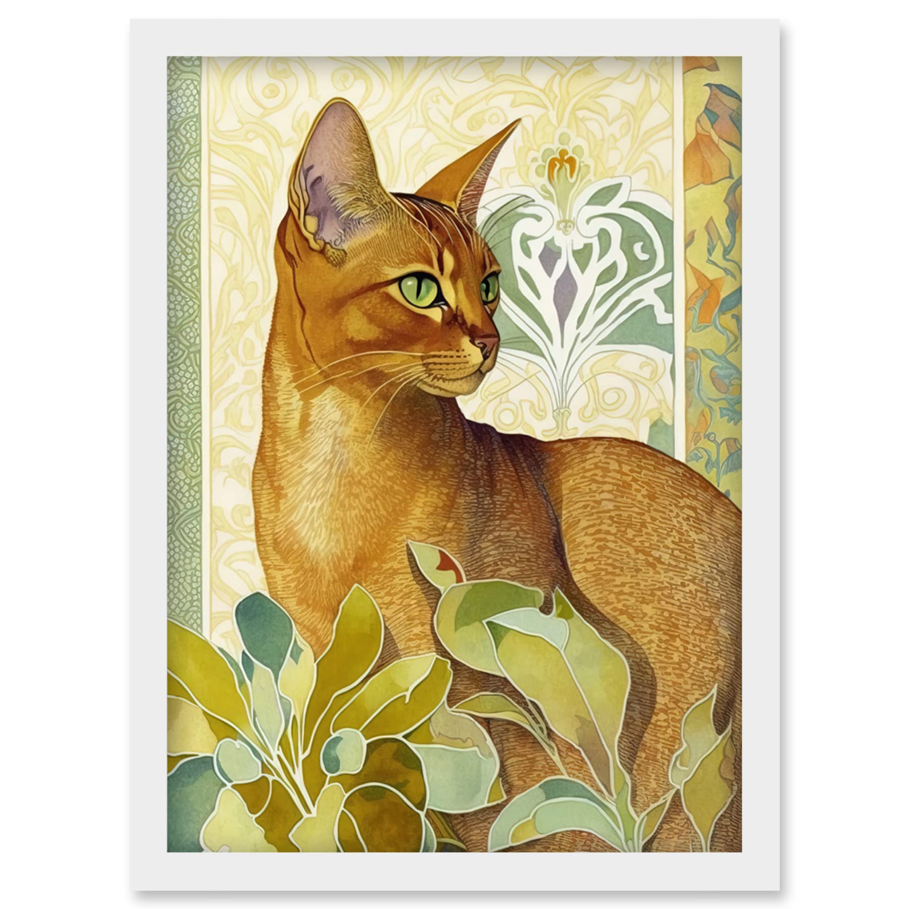 Artery8 Abyssinian Cat with Plants Art Nouveau Bright Modern Watercolour Illustration Artwork Framed Wall Art Print A4