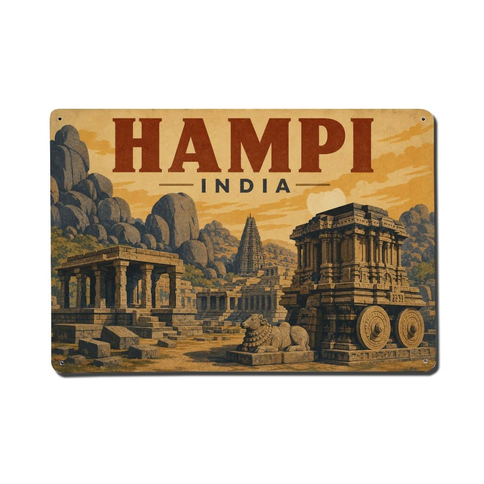 Retro Travel India Hampi Metal Tin Sign Plaque Wall Decor for Cafe, Club Bar, Office, Garden Metal Poster 8x12Inch