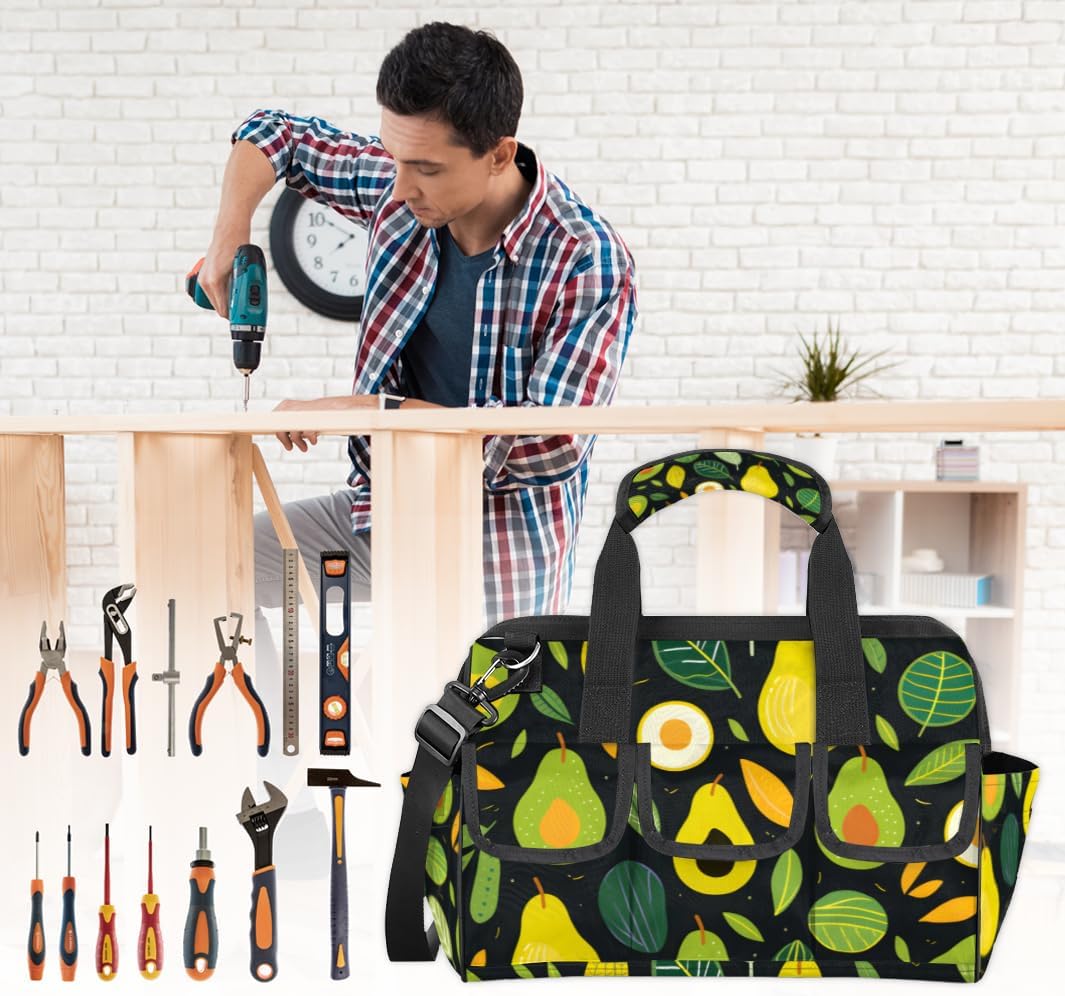 Funny Avocado Tool Bag with Multi-Pockets Wide Mouth Tool Tote Bag for Women and Men Waterproof Tool Organizer Storage Bag with Adjustable Shoulder Strap and Ergonomic Handle