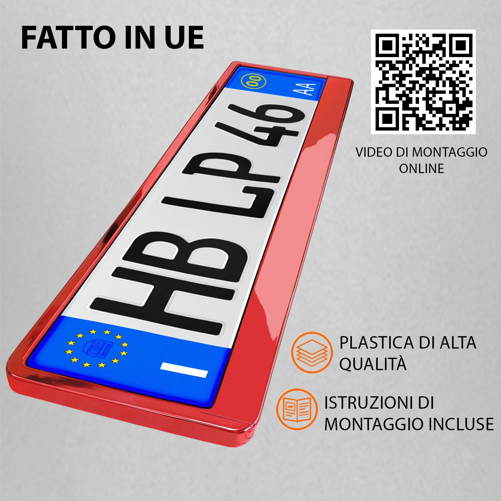 Portatarga Auto - Supporto Targa - [semplice, durevole e sicuro] - 8 viti - 520x110 mm - Rosso Cromo - Porta Targa - adatto a qualsiasi auto - per targhe italiane omologate - Fissaggio per Targa