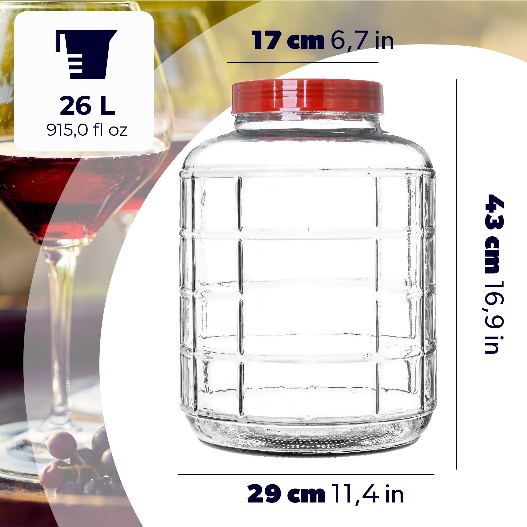 KADAX Palloon di fermentazione, palloncino di vetro con cochio in plastica, palloncino da vino, vetro universale, bicchiere di cetriolo, bicchiere di stoccaggio (26L) - 4