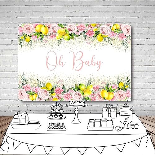 Miniatura 6 de MEHOFOND Telón de fondo de baby shower de limón de 7 x 5 pies para niña Oh Baby rosa floral dorado con purpurina de confeti de fondo para