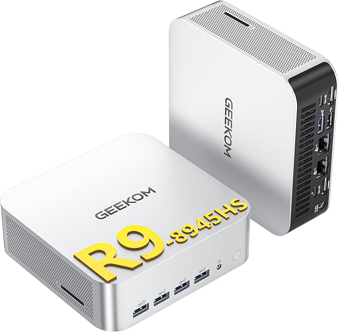 GEEKOM A8 Max Mini PC, AMD Ryzen 9 8945HS, 32GB DDR5 RAM, 1TB PCIe Gen4 SSD | AI Ready, USB4, Dual 2.5G LAN, Wi-Fi 6E, BT 5.2, Quad 8K Display Business Mini Computer, Commercial & Bulk Purchase Suppor