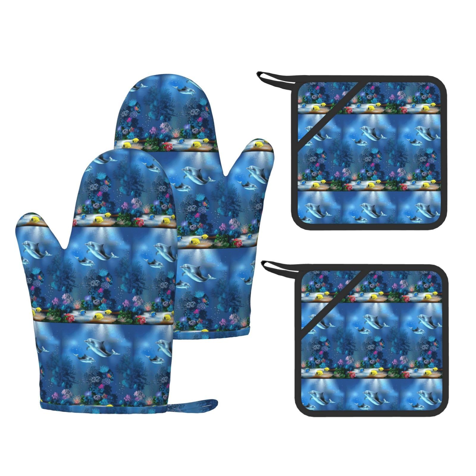 Underwater World Dolphins Coral Printed Potholder and Oven Mitt Set of 4, High Heat Resistant Cooking Gloves for BBQ Grilling