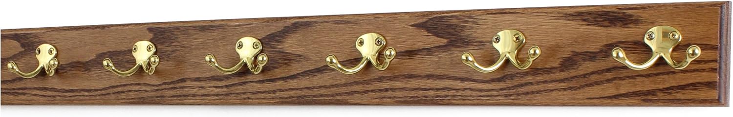 Oak Coat Rack with Solid Brass Double Style Hooks (Chestnut, 52" x 3.5" with 10 Hooks)