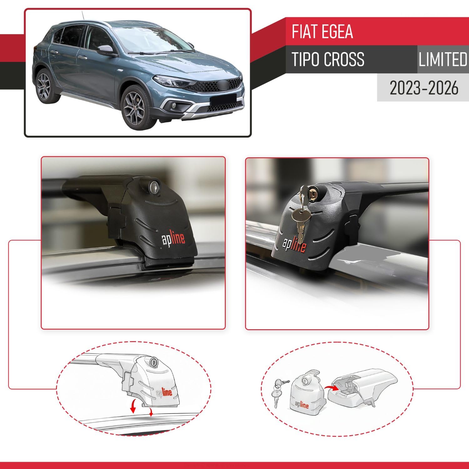 Compatibile con Fiat Egea/Tipo Cross (LIMITED) 2023-2026 Modello ACE-2 Barre Tetto Portapacchi Auto Barre Portatutto Nero Alluminio 2 Barre