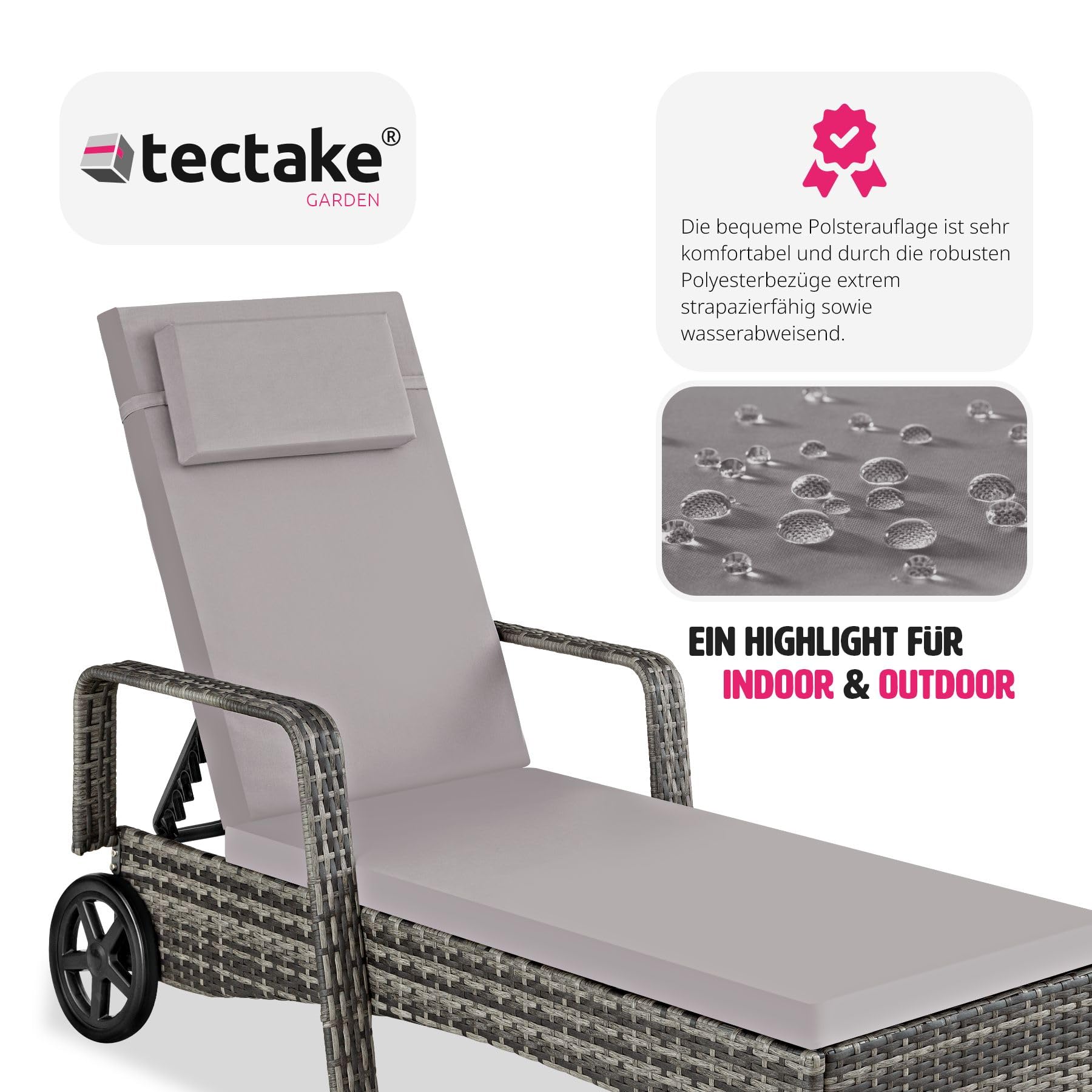 tectake® Aluminium Rattan Sonnenliege mit Armlehne und Rollen, Outdoor Polyrattan Gartenliege mit 6-Fach höhenverstellbarer Rückenlehne (bis 150 kg), Balkon Möbel oder Garten Möbel - grau
