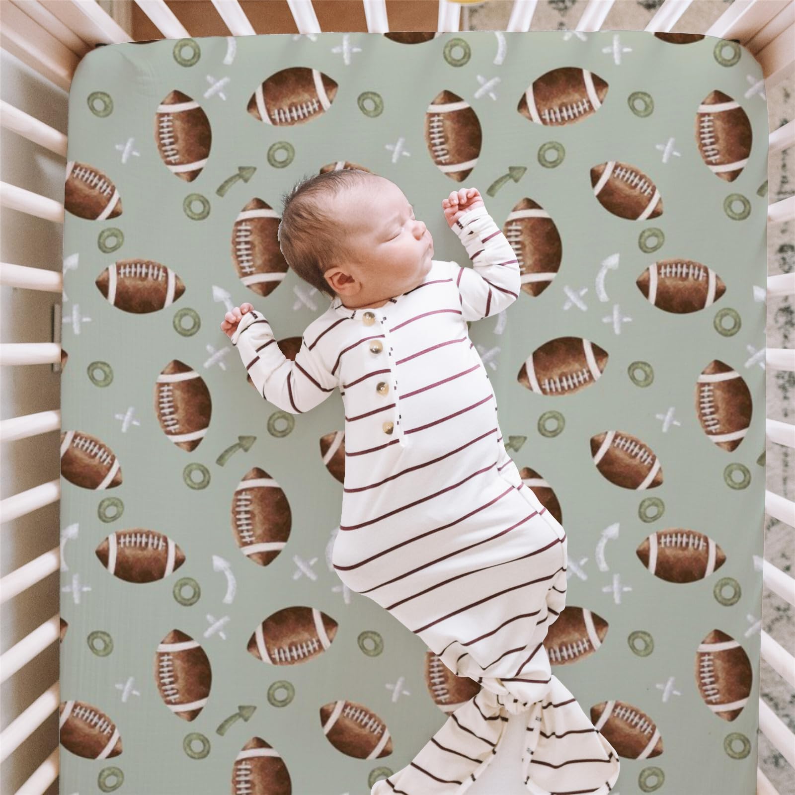 Sábana bajera ajustable estándar para cuna de fútbol americano, para niños pequeños, funda de colchón de fútbol verde, suave, transpirable, elástica, para decoración de guardería, regalo 5