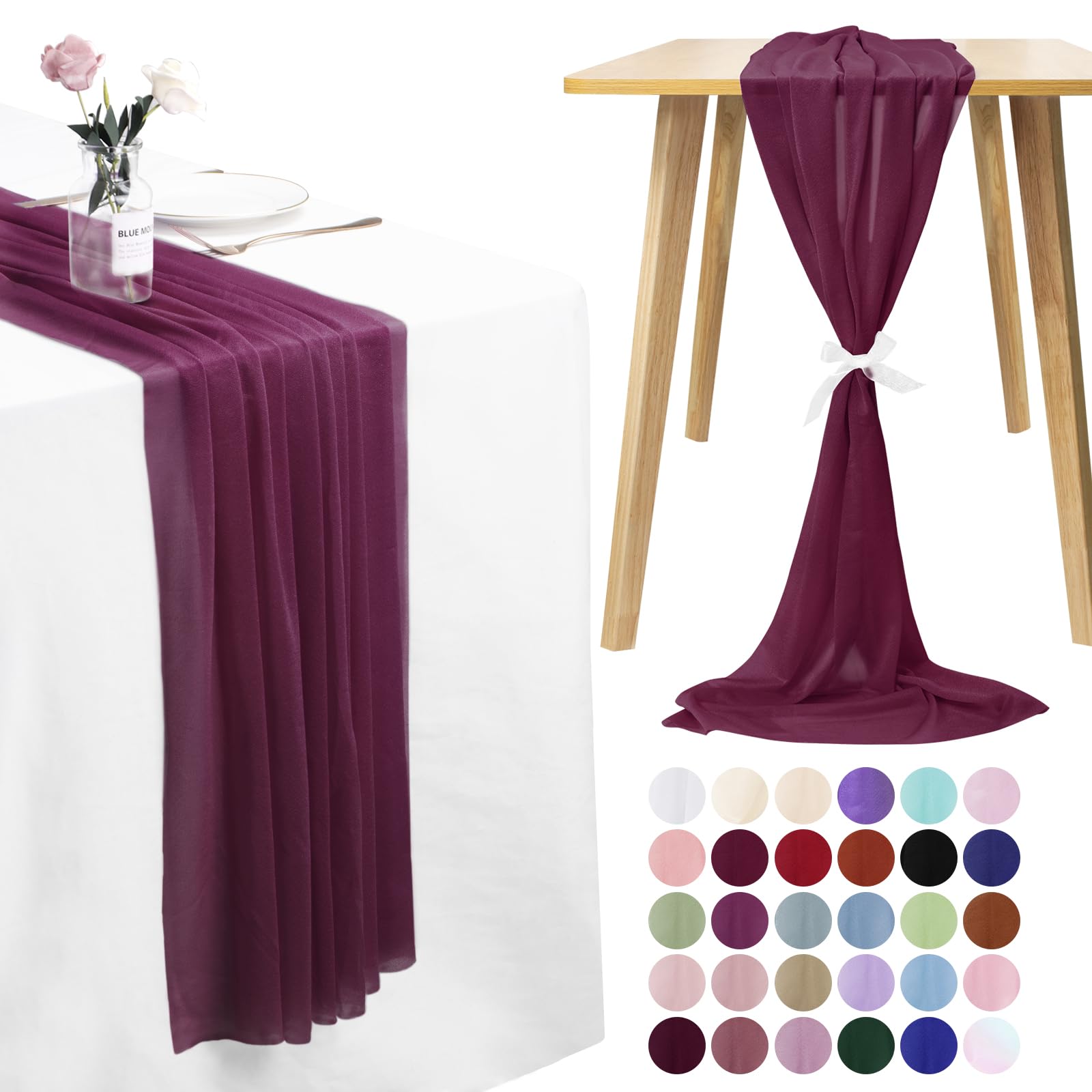 LEREATI Cheesecloth Table Runner Burgundy Chiffon Table Runner 75cm x 300cm Gauze Sheer Table Runner Tulle Cheese Cloth Tablerunner for Party, Wedding, Christmas, Shower Decorations