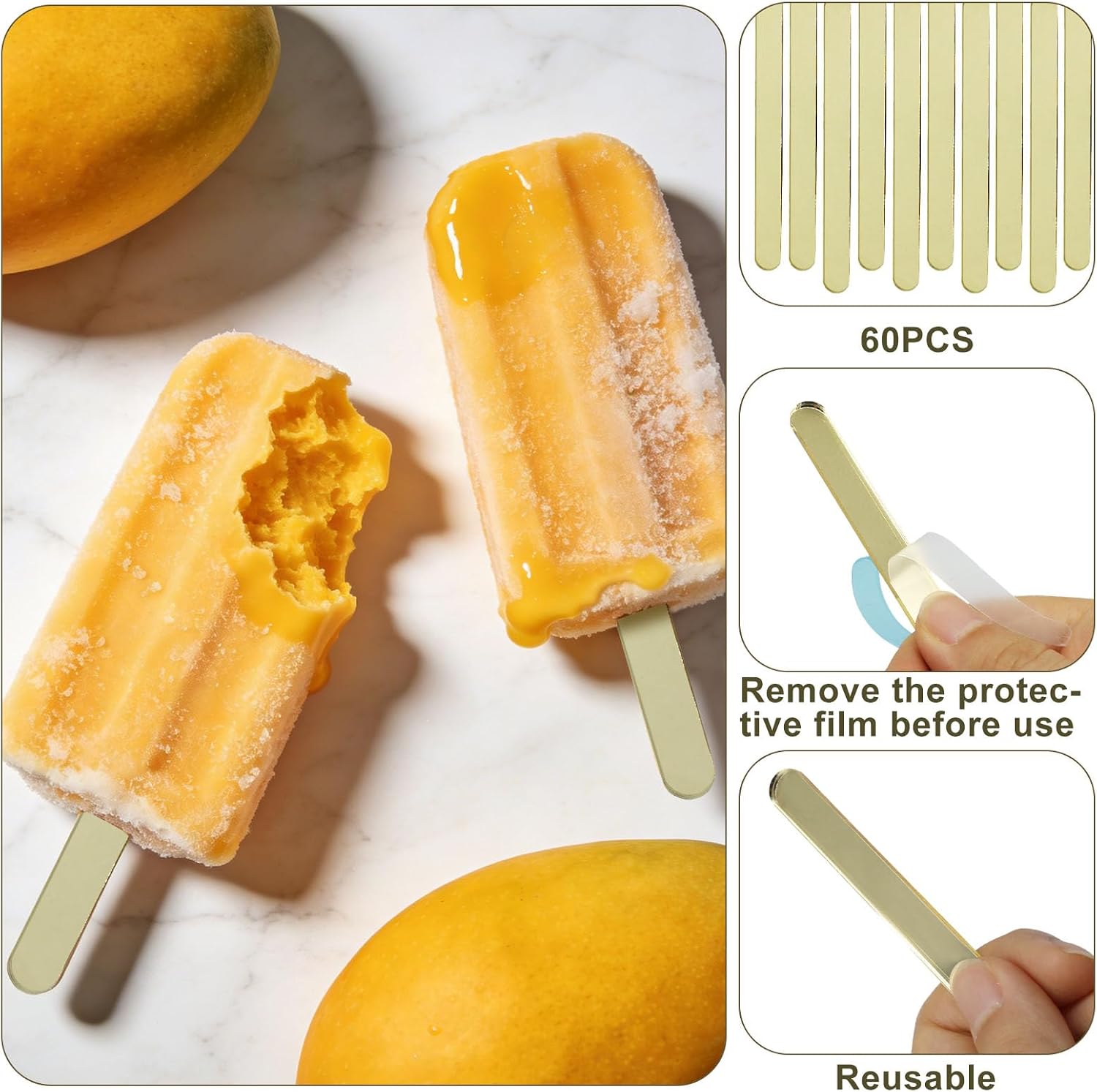 Acrylic Popsicle Sticks, 60 Pieces, 4.5 Inch, Gold