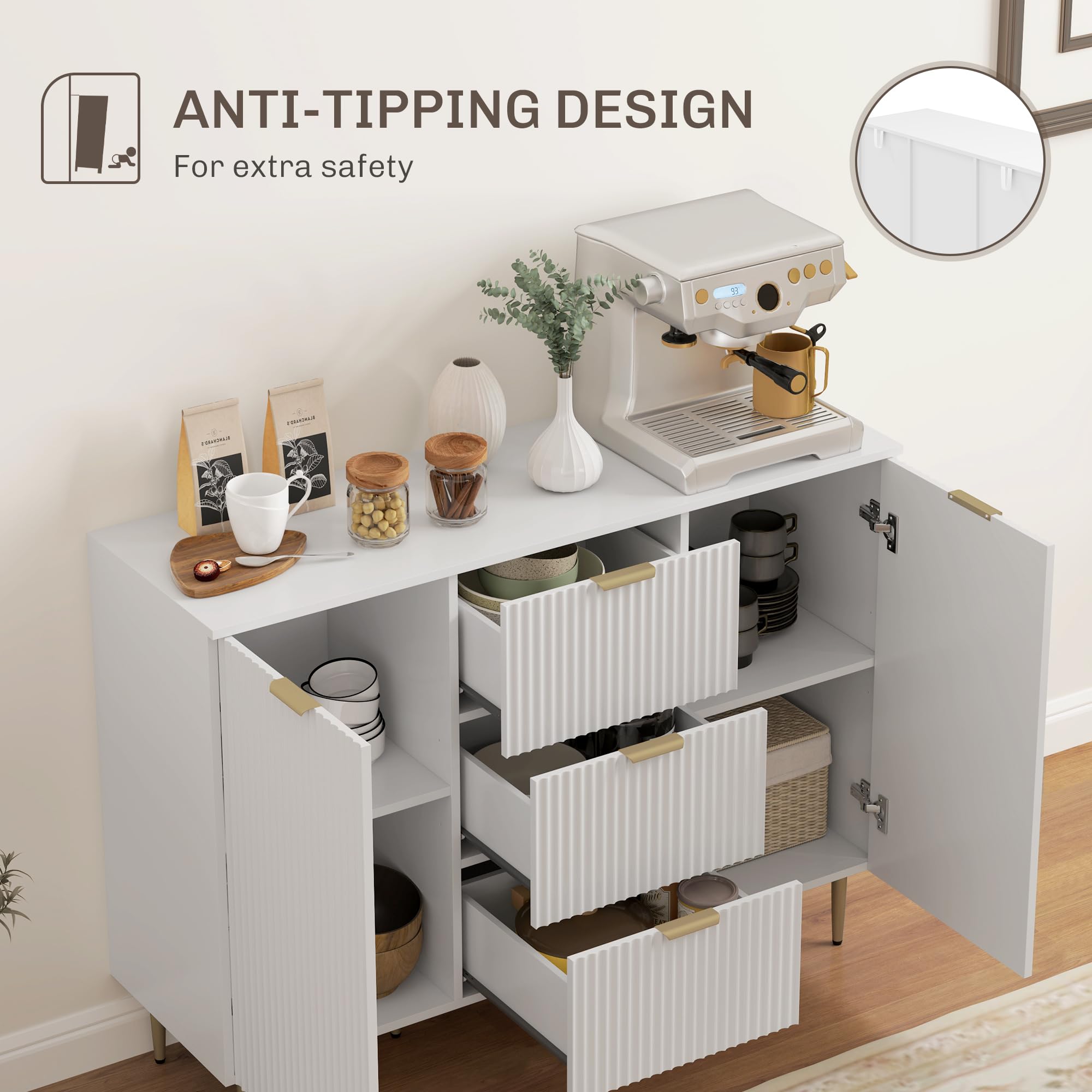 HOMCOM Credenza Cucina Buffet Moderna 3 Cassetti 2 Ante 120x40x90 cm Bianco | 2 Armadietti, Ripiani, Piedini Regolabili, Mobile Cucina, Madia Soggiorno Moderna, Ingresso, Legno