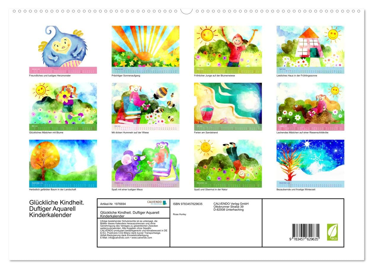 Glückliche Kindheit. Duftiger Aquarell Kinderkalender (Wandkalender 2026 DIN A2 quer), CALVENDO Monatskalender: Sonniger Aquarellkalender für glückliche Kinder und Familien (CALVENDO Kunst)