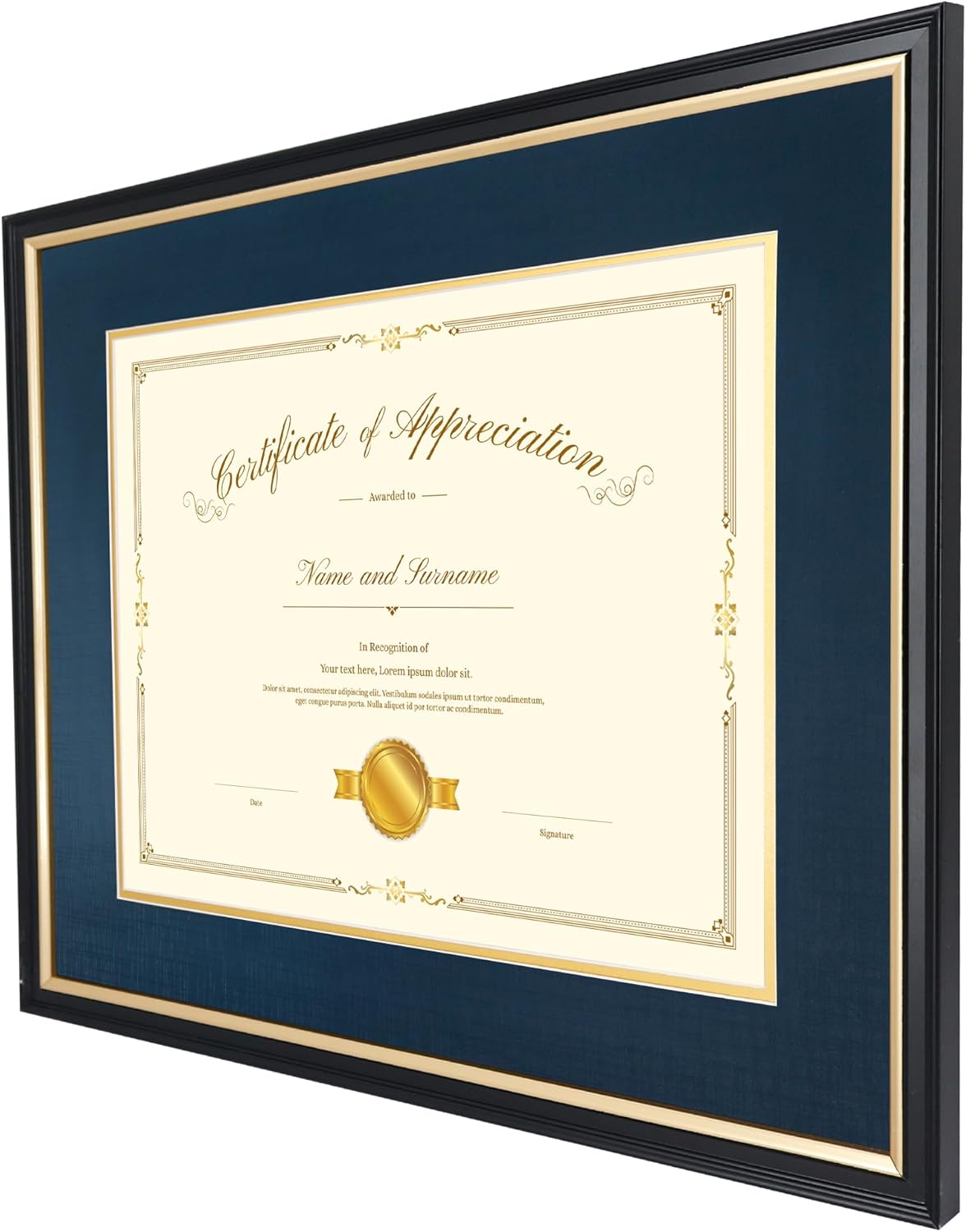 15x18 Diploma Frame for 11x14 Certificate/Document/Picture with Black and Navy Mat, Solid Wood Degree Frame, UV Protection Acrylic ，Wall Display