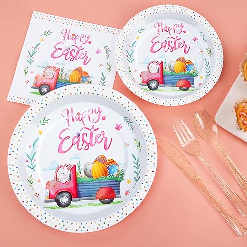 Miniatura 2 de Gudvilla Juego de vajilla desechable de 150 piezas de platos y servilletas de Pascua, platos de papel de Pascua para 25 invitados, suministros de