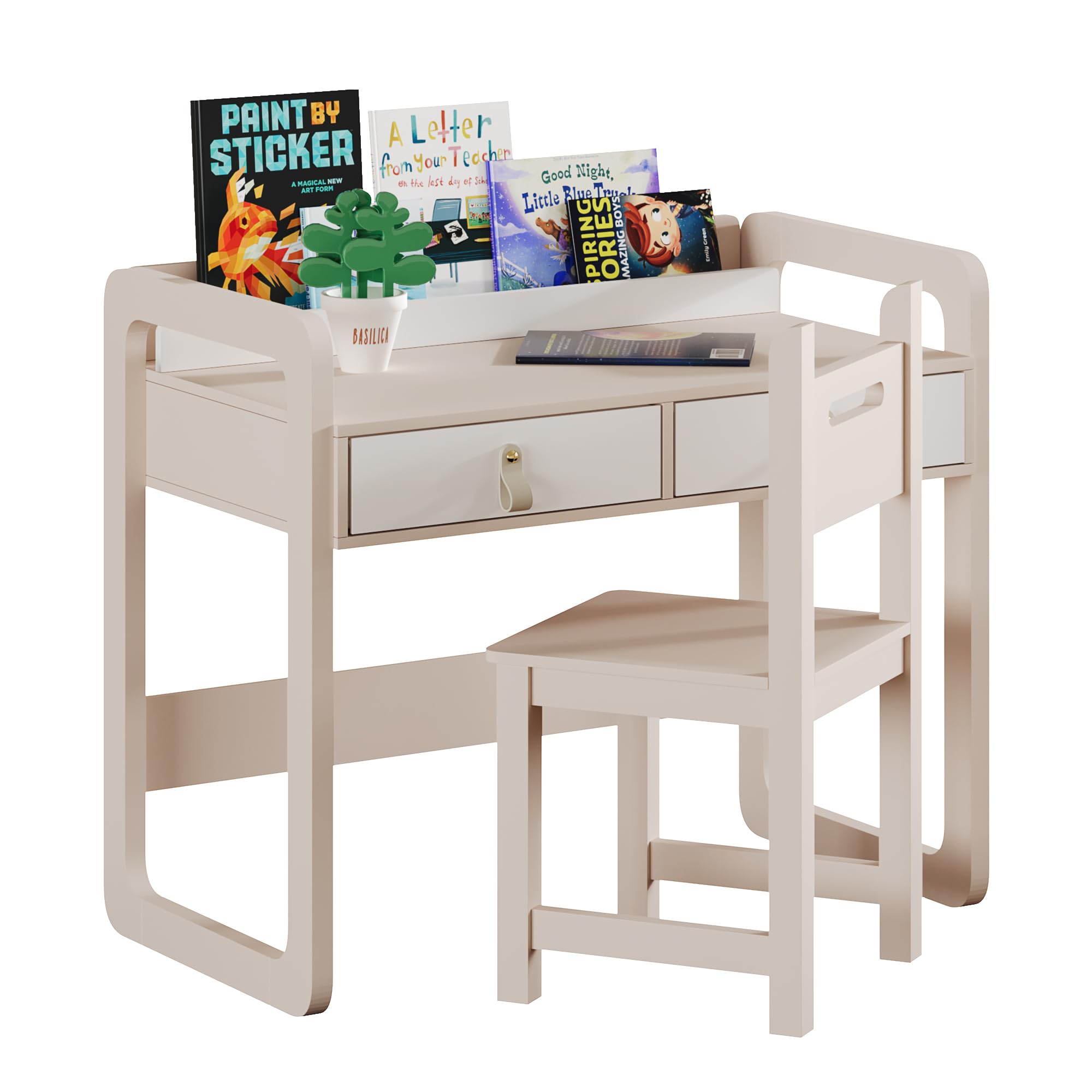 Treocho Kids Desk and Chair Set, Study Desk with Drawers, Table and Chair Set for 10-12 Years Old, Student Writing Table for School & Study Room, Pinky Beige
