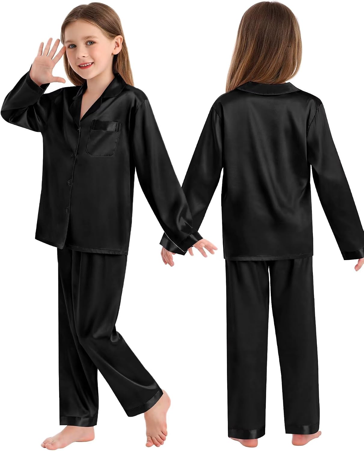 SWOMOG Family Matching Pajamas Silk Satin Long Sleeve Sleepwear Soft Button Down Loungewear 2 Pcs Pj Set