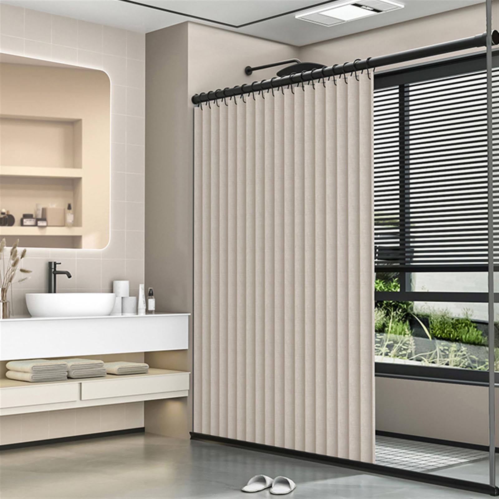 Cortina de Ducha Magnética Plegable, Impermeable y Antimoho con Gancho, Lavable, de Tela Resistente para Baño, 220g/m², Beige, 150x200cm