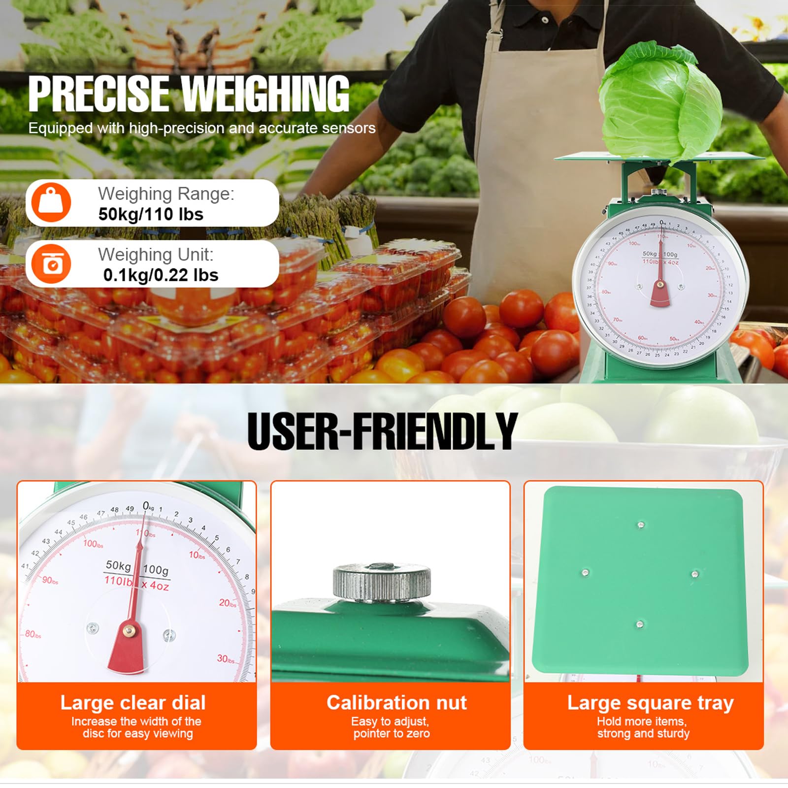 Bilancia meccanica resistente per cucina e cibo, con quadrante industriale, con piattaforma in acciaio inox, 50 kg