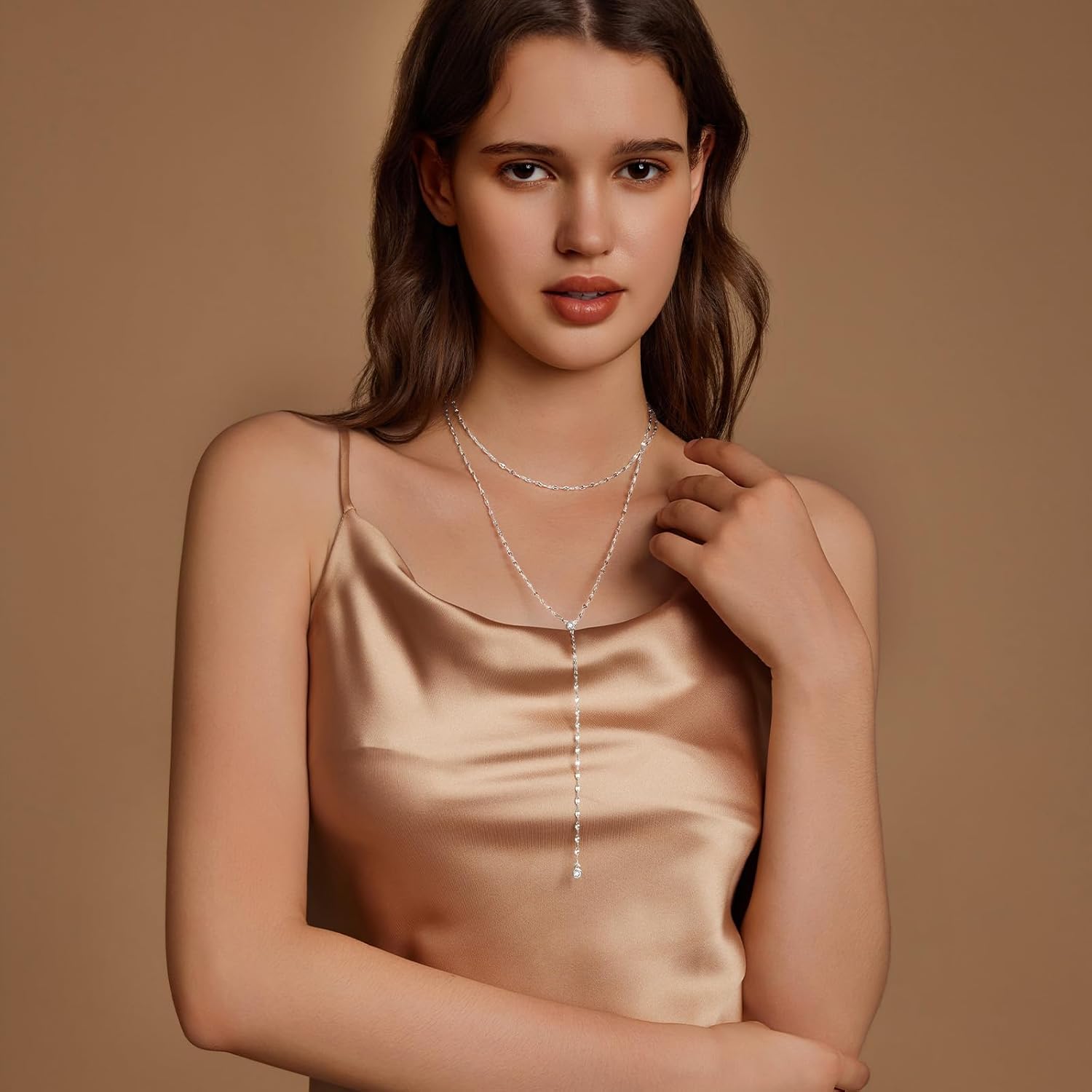 Airmb Lariat Silver/Gold Necklace for Women 925 Silver/14K Gold Plated Dainty Long Necklace Y-Shaped Drop Pendant Necklaces Choker Trendy Chain Simple Layered Necklaces CZ Jewelry for Women Set Gift - Image 2