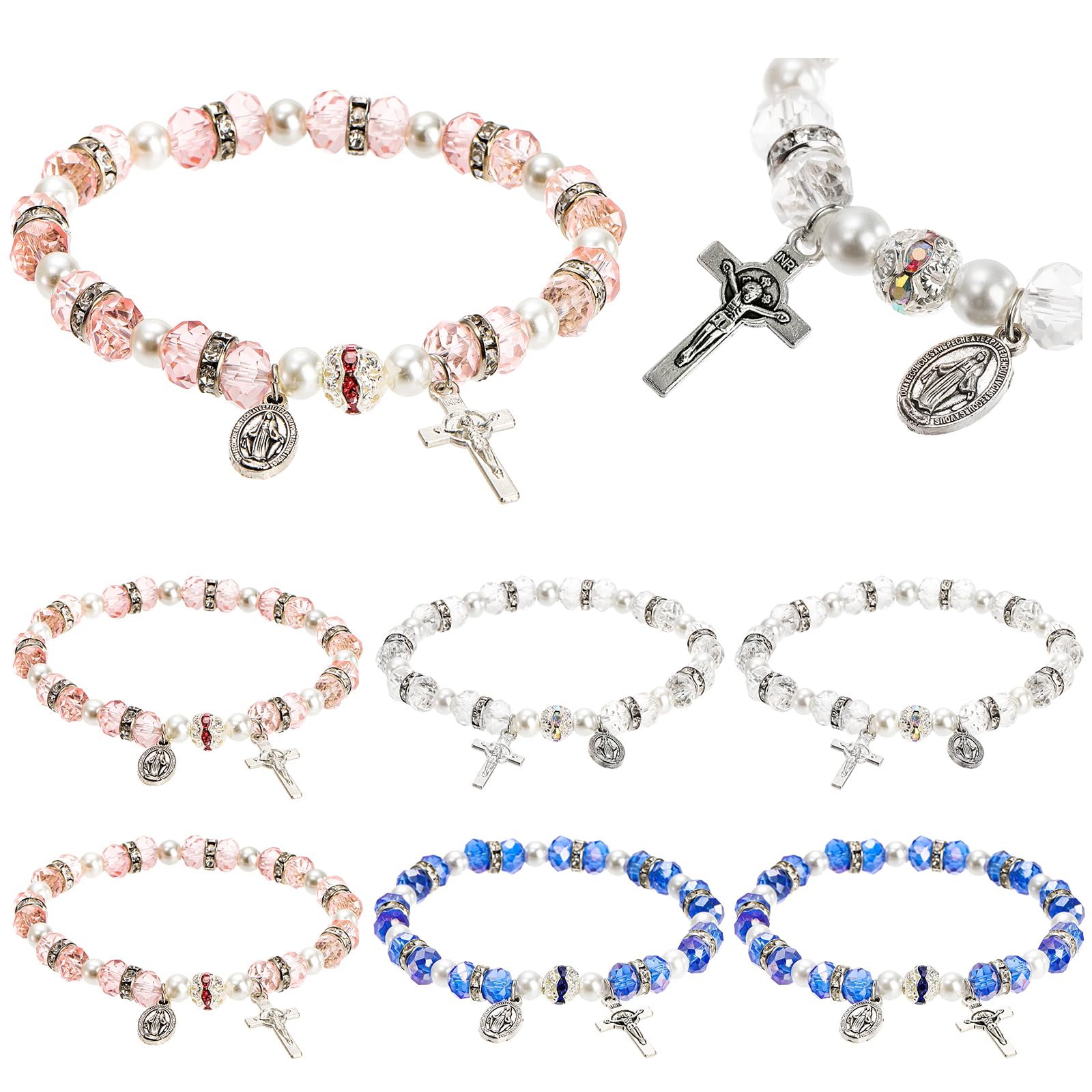 6 Pack Women's Rosary Bead Stretch Bracelet, Crystal Cross Bracelet with Crucifix and Miraculous Medal, 3 Colors