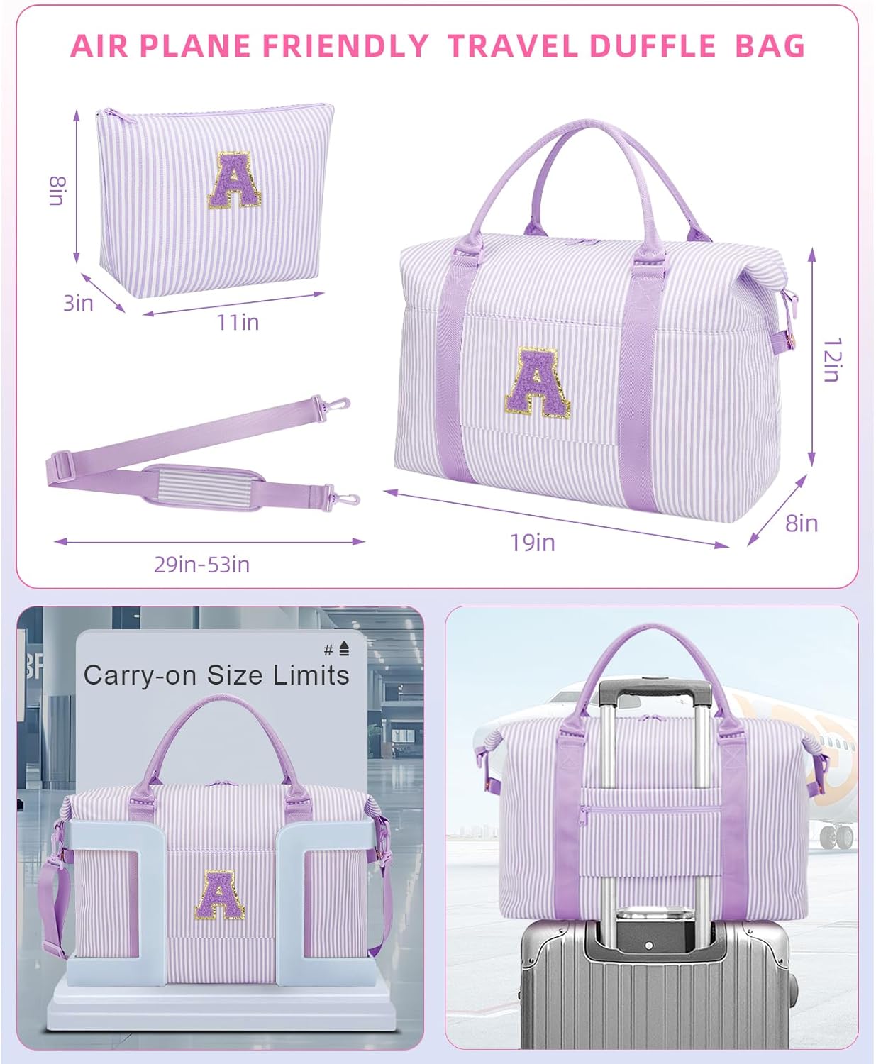 Birthday Gifts for Teen Girl, Personalized Dance Travel Duffel Bag for Girls Women, Cute Initial Overnight Weekender Gym Bag with Makeup Pouch（Purple,A)