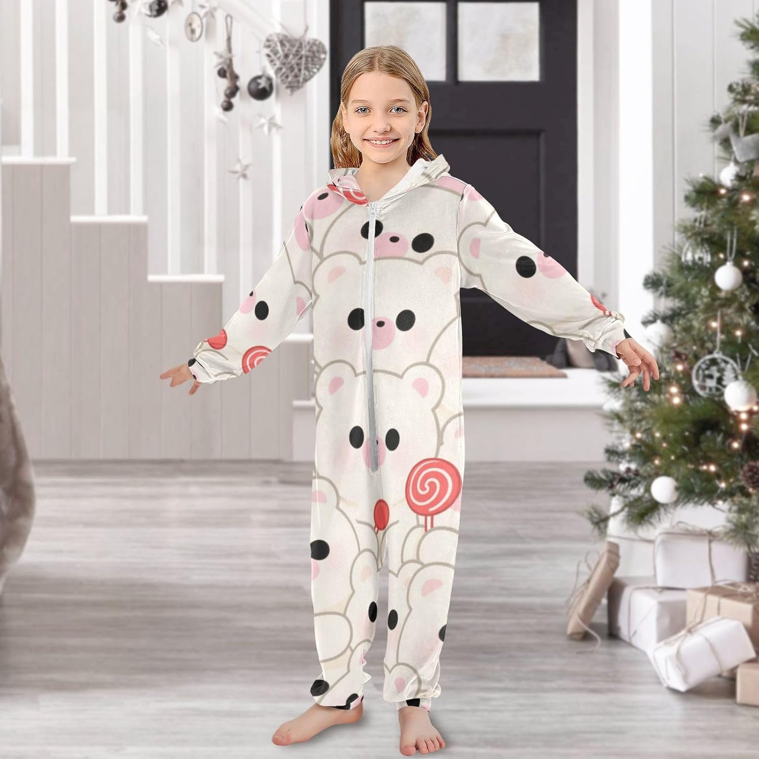 Unisex Pajama Soft Cozy Hooded One-Piecing Loungewear Sleepwear for Christmas Home 4-14Y