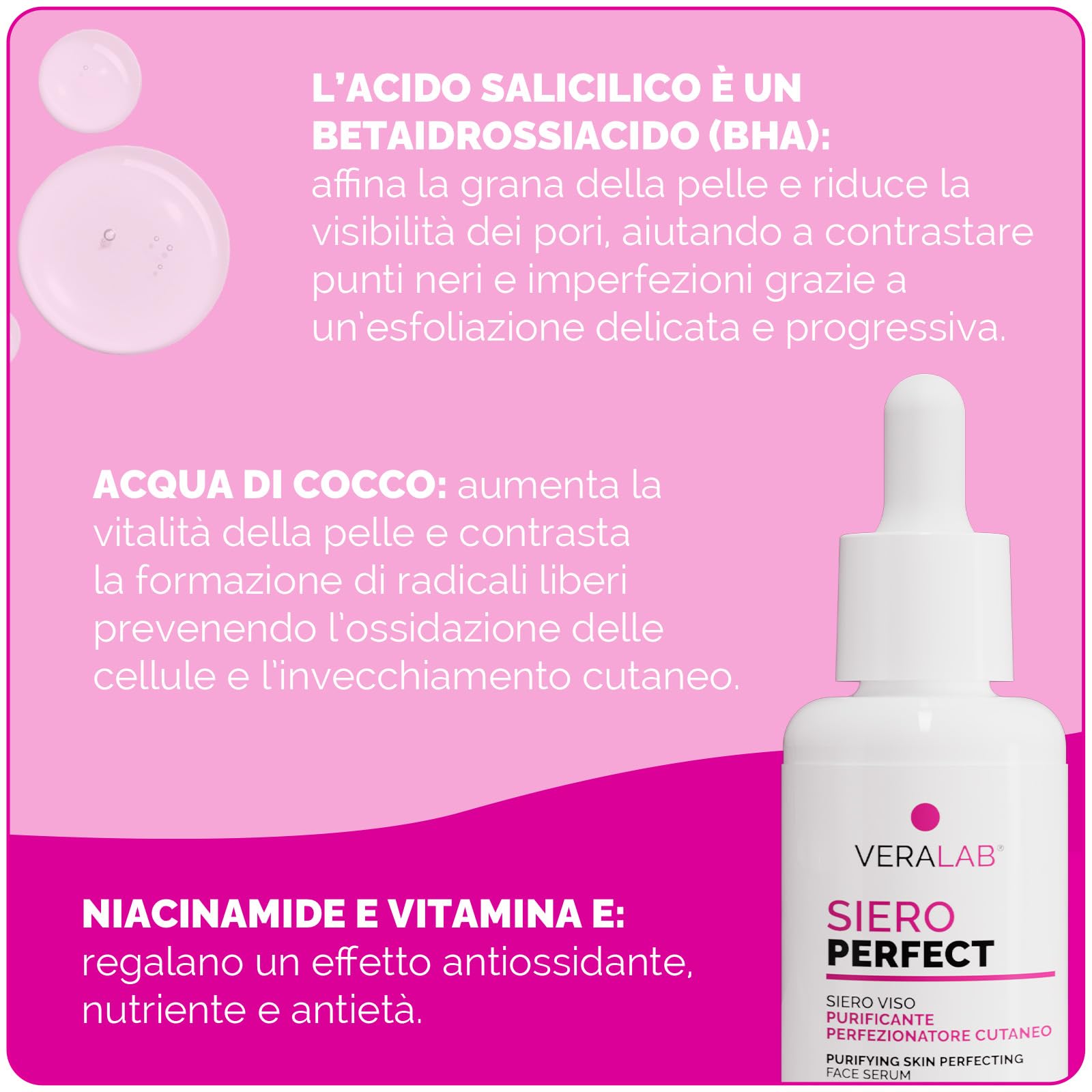 Veralab Perfect, Siero Viso Purificante e Perfezionatore Cutaneo con Azione Idratante, 30ml