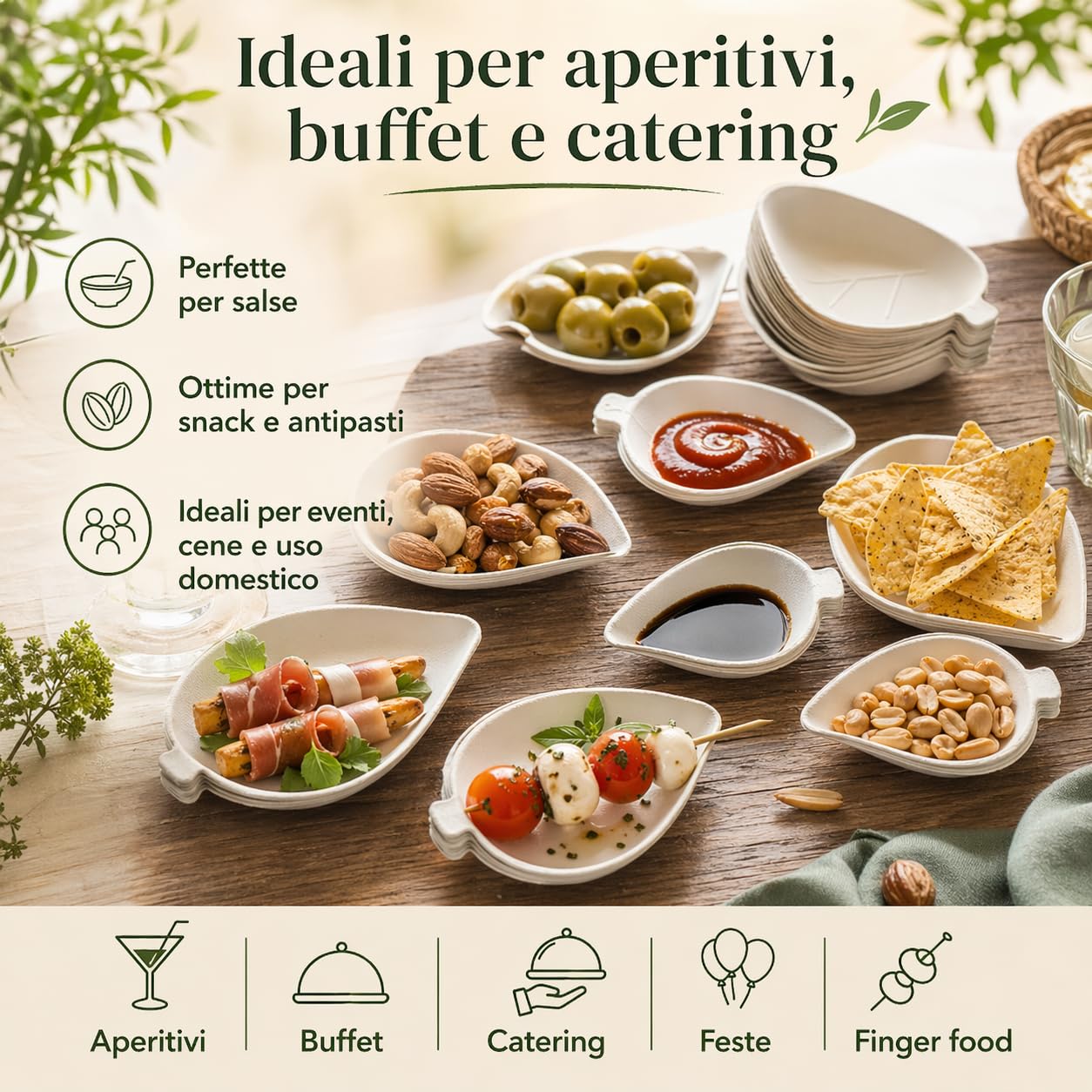 50 PZ Ciotoline aperitivo usa e getta foglia BIO monoporzioni finger food vassoio aperitivo in polpa di cellulosa ciotola snack